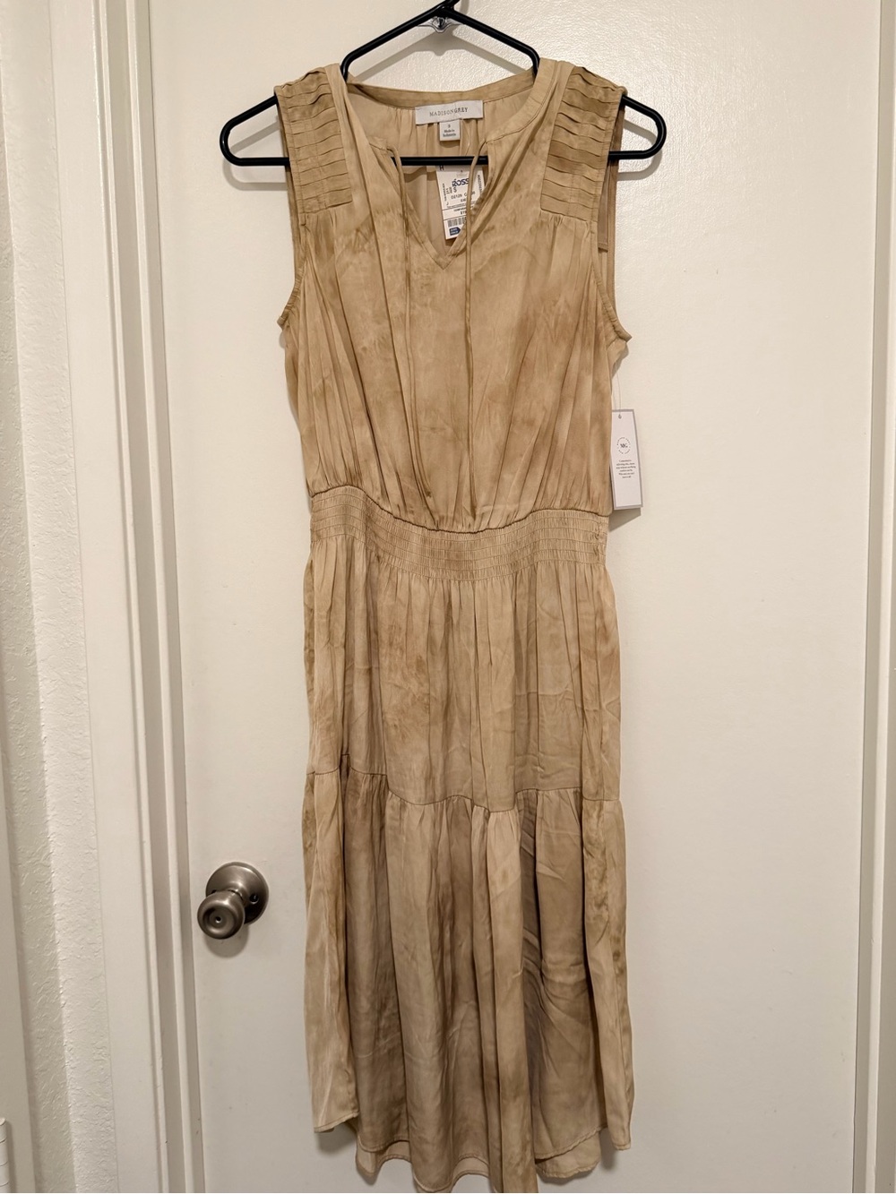 Misa Los Angeles Sleeveless Tan Midi Dress with Tie Neck